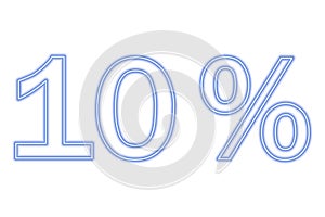 10 percent inscription isolated on white. Blue line in neon style.