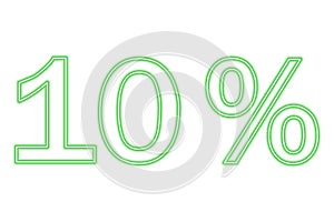 10 percent inscription isolated on white. Green line in neon style.