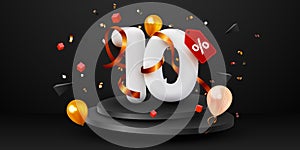 10 percent Off. Black Friday Sale composition with decorative objects, balloons, golden confetti, podium. Discount