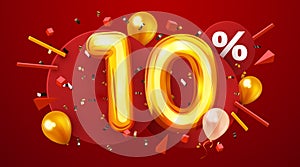 10 percent Off. Discount creative composition. 3d golden sale symbol with decorative balloons and confetti. Sale banner