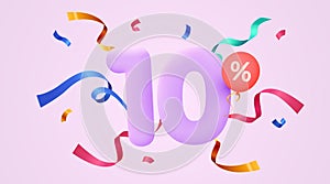 10 percent Off. Discount creative composition. 3d sale symbol with decorative confetti. Sale banner and poster.