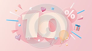 10 percent Off. Discount creative composition. 3d sale symbol with decorative objects, heart shaped balloons and gift