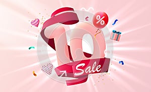 10 percent Off. Discount creative composition. 3d sale symbol with decorative objects, heart shaped balloons and gift
