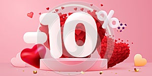 10 percent Off. Discount creative composition. 3d sale symbol with decorative objects. Valentine's day promo. Sale