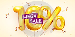 10 percent Off. Discount creative composition of golden balloons. 3d mega sale or ten percent bonus symbol with confetti