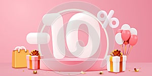 10 percent Off. Discount creative composition. Sale symbol with decorative objects, balloons, golden confetti, podium