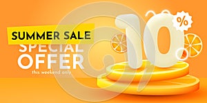 10 percent Off. Discount creative composition. Summer sale banner with orange. Sale banner and poster