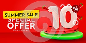 10 percent Off. Discount creative composition. Summer sale banner with watermelon. Sale banner and poster