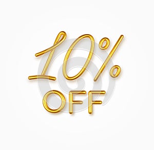 10 percent off golden realistic text on a light background.