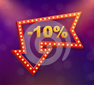 10 percent OFF Sale Discount Banner. Discount offer price tag. 10 percent discount promotion flat icon with long shadow
