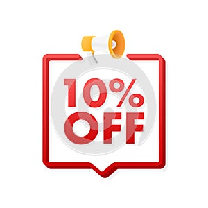 10 percent OFF Sale Discount Banner with megaphone. Discount offer price tag. 10 percent discount promotion flat icon