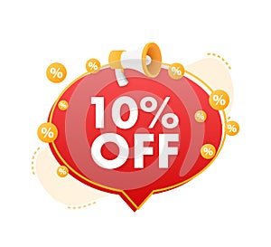 10 percent OFF Sale Discount Banner with megaphone. Discount offer price tag. 10 percent discount promotion flat icon