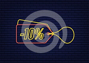 10 percent OFF Sale Discount neon tag. Discount offer price tag. 10 percent discount promotion flat icon with long