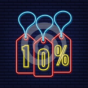 10 percent OFF Sale Discount neon tag. Discount offer price tag. 10 percent discount promotion flat icon with long