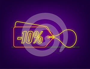 10 percent OFF Sale Discount neon tag. Discount offer price tag. 10 percent discount promotion flat icon with long