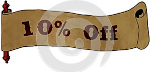 10 PERCENT OFF text on old scroll paper drawing illustration