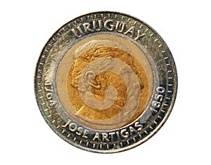 10 Pesos coin, 150 death year General Jose Artigas, Bank of Uru