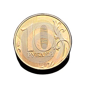 10 rubles on a light background macro photo golden coin Russian currency