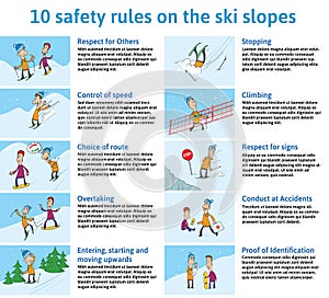 10 safety Rules on the Ski Slopes. Mountain Ski Safety Instructions. Vector Illustration for Brochure or Information