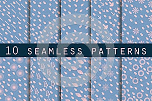 10 seamless patterns with drops. Rose quartz and serenity violet colors. The pattern for wallpaper, tiles, fabrics and designs.