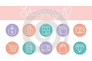 10 shopping line and block style icon set vector design