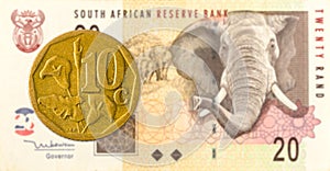 10 south african aforika coin against 20 south african rand