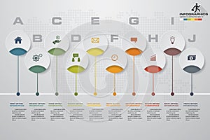 10 steps Timeline infographic element. 10 steps infographic, vector banner can be used for workflow layout.