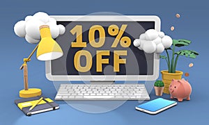 10 Ten percent off 3d illustration in cartoon style. Online shopping Sale concept