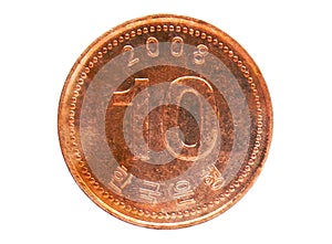 10 Won coin, 1962~Today - Circulation - Won serie, 2008. Bank of South Korea. Obverse, issued on 2006