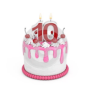 10 Year Birthday Concept. Abstract Birthday Cartoon Dessert Cherry Cake with Ten Year Anniversary Candle. 3d Rendering