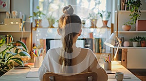 a 10-year-old girl sits at her desk, facing the camera with a radiant smile, bathed in a light-filled environment.