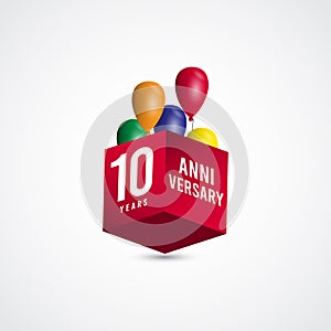 10 Years Anniversary Celebration 3 D Box Vector Label Logo Template Design Illustration