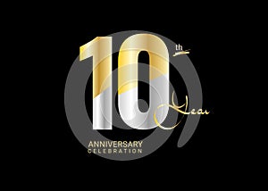 10 Years Anniversary Celebration gold and silver Vector Template, 10 number logo design, 10th Birthday Logo, logotype Anniversary