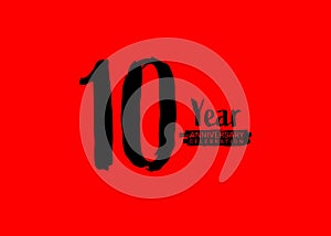 10 Years Anniversary Celebration logo on red background, 10 number logo design, 10th Birthday Logo, logotype Anniversary, Vector