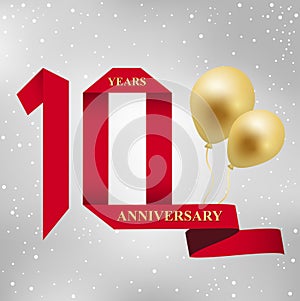 10 years anniversary celebration red ribbon logotype.