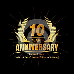 10 years anniversary. Elegant anniversary design. 10th years logo.