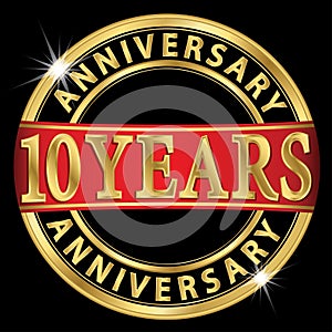 10 years anniversary golden label with ribbon, vector illust