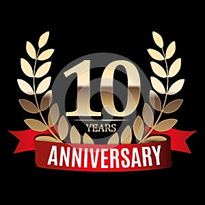 10 Years Anniversary Golden Template with Red Ribbon and Laurel wreath Vector Illustration