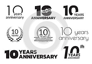 10 years anniversary icon or logo set. 10th birthday celebration badge or label for invitation card, jubilee design. Vector