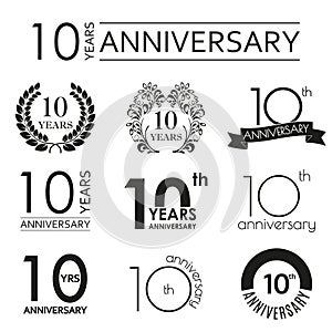 10 years anniversary icon set. 10th anniversary celebration logo. Design elements for birthday, invitation, wedding jubilee.