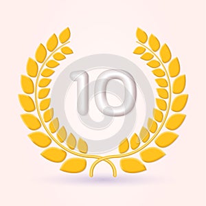 10 years anniversary laurel wreath 3d logo or icon. Jubilee, birthday badge, label design. 10th celebrating emblem.