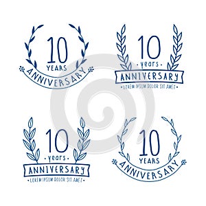 10 years anniversary logo collection. 10th years anniversary celebration hand drawn logotype. Vector and illustration.