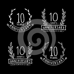 10 years anniversary logo collection. 10th years anniversary celebration hand drawn logotype. Vector and illustration.