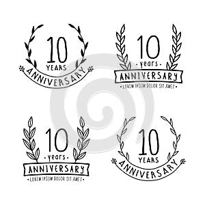 10 years anniversary logo collection. 10th years anniversary celebration hand drawn logotype. Vector and illustration.