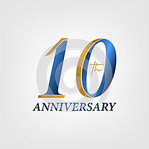 10 years anniversary logo design with blue and gold yellow color.