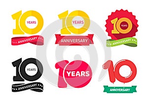 10 years anniversary logo vector icon or 10th year birthday symbol collection flat cartoon, ten birthday party