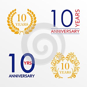 10 years anniversary set. Anniversary icon emblem or label collection. 10 years celebration and congratulation decoration element.