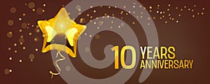 10 years anniversary vector logo, icon. Graphic element with golden color balloon