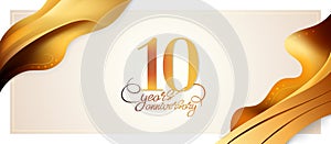 10 years anniversary vector logo, icon. Graphic element with golden color wavy ribbon