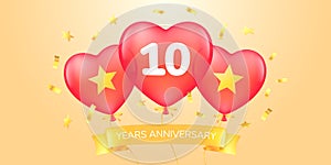 10 years anniversary vector logo, icon. Template banner with hot air balloons